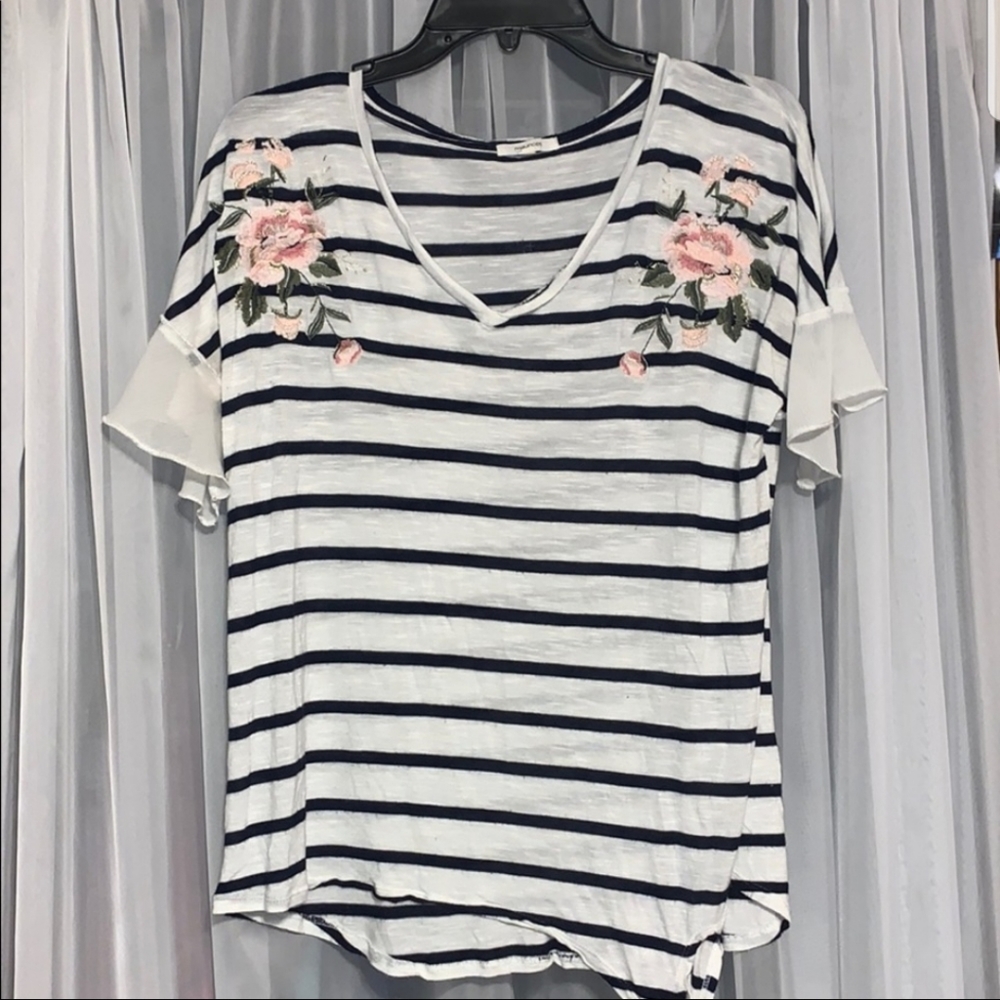 Maurices Striped Top with Floral Shoulders and Side Tie Knot
